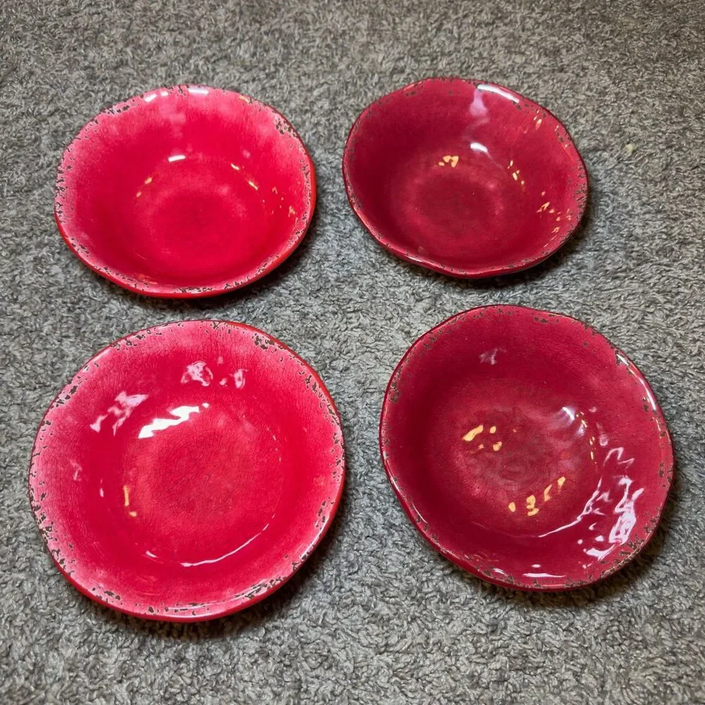 Pier 1 Carmelo Melamine Bowls Pink Red Crackle Plates Bowls Snack Dish LOT of 10